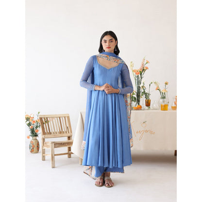 Baise Gaba Blue Lagoon Embroidered Neck Anarkali Kurta with Pant & Dupatta (Set of 3)