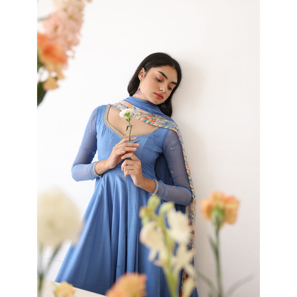 Baise Gaba Blue Lagoon Embroidered Neck Anarkali Kurta with Pant & Dupatta (Set of 3)