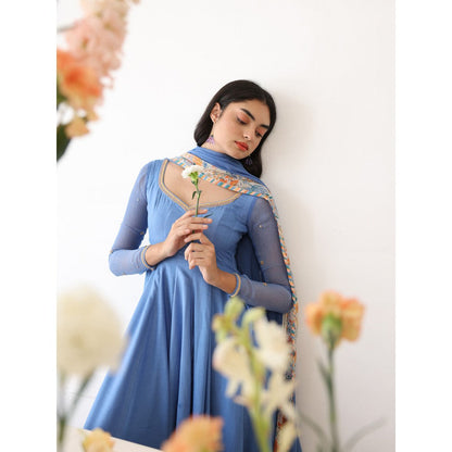 Baise Gaba Blue Lagoon Embroidered Neck Anarkali Kurta with Pant & Dupatta (Set of 3)