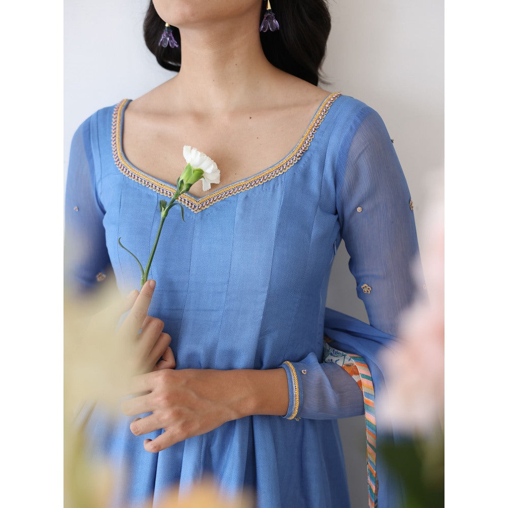 Baise Gaba Blue Lagoon Embroidered Neck Anarkali Kurta with Pant & Dupatta (Set of 3)