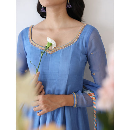 Baise Gaba Blue Lagoon Embroidered Neck Anarkali Kurta with Pant & Dupatta (Set of 3)