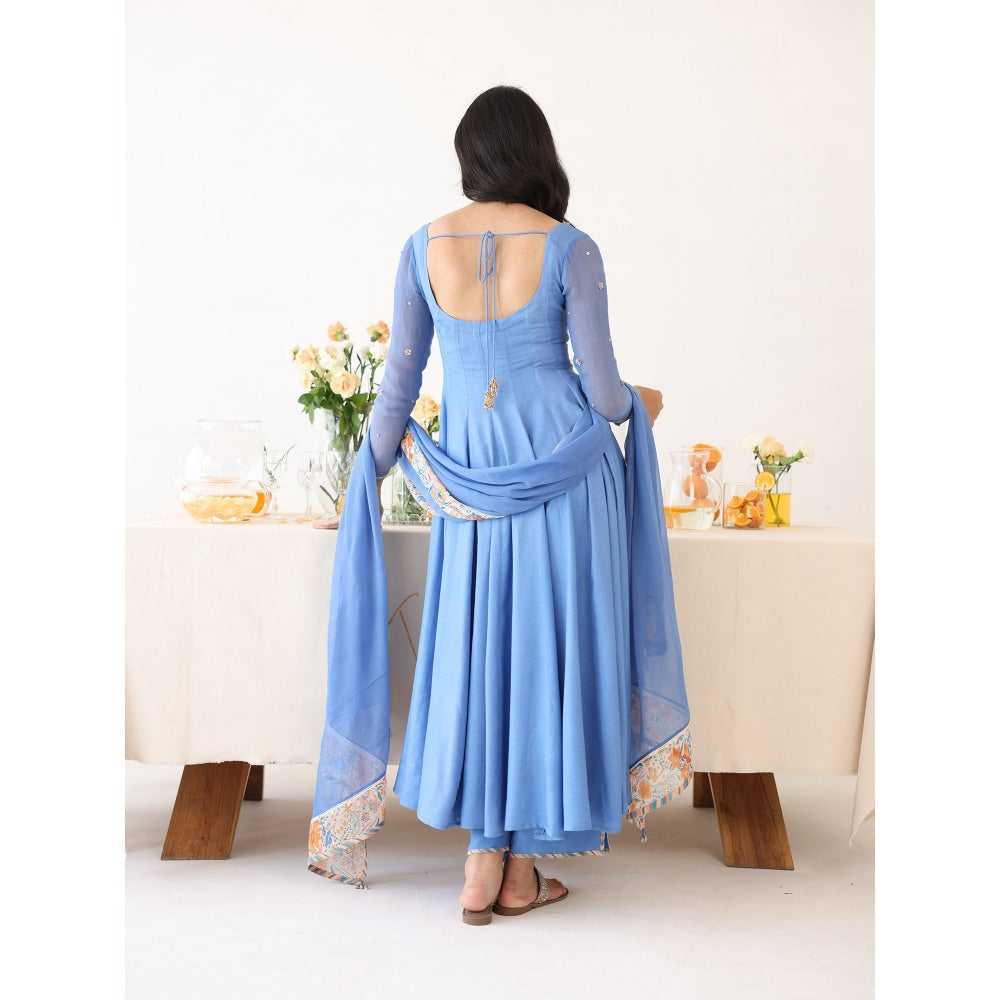 Baise Gaba Blue Lagoon Embroidered Neck Anarkali Kurta with Pant & Dupatta (Set of 3)