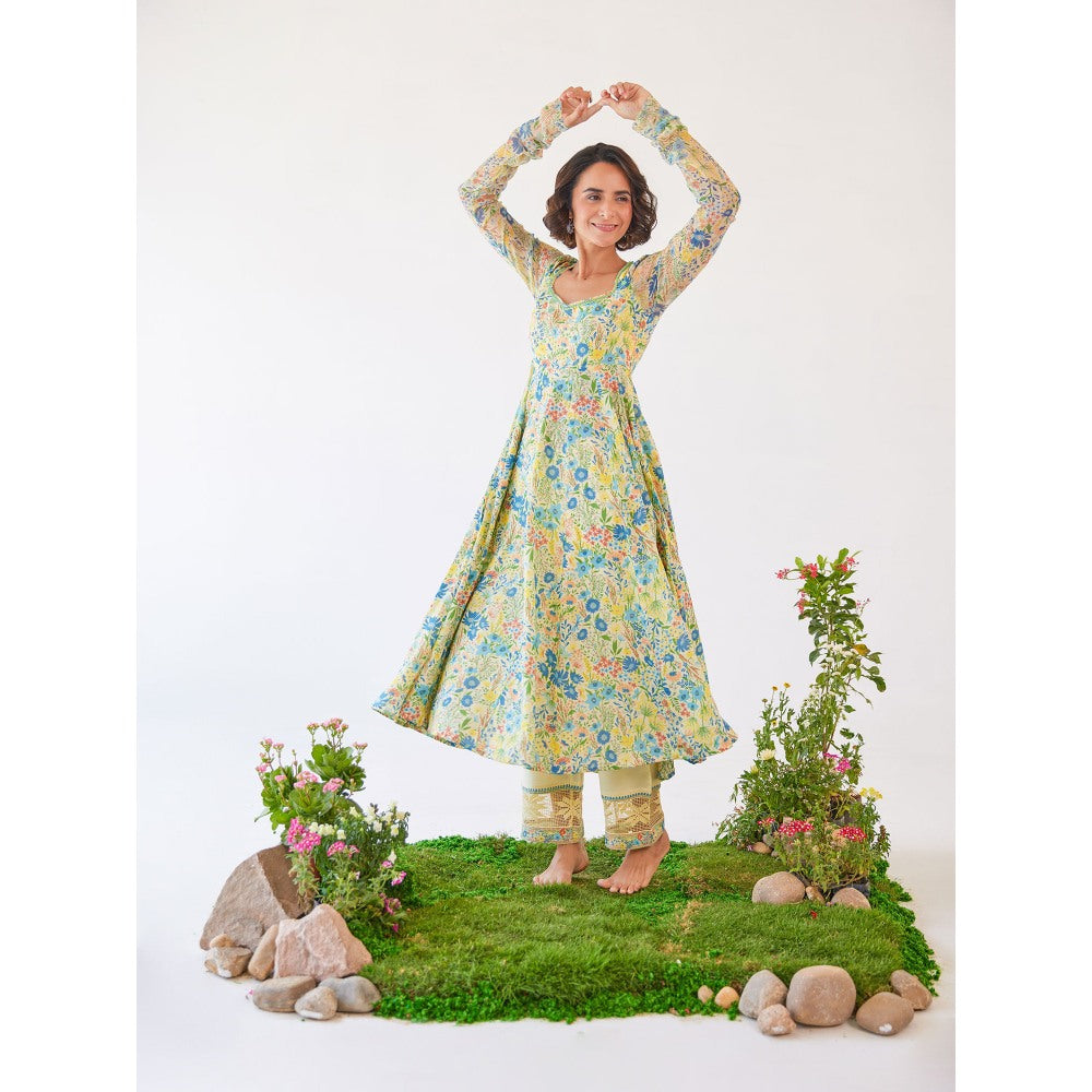 Baise Gaba Yellow Floral Printed Gloria Anarkali Kurta with Pant & Dupatta (Set of 3)