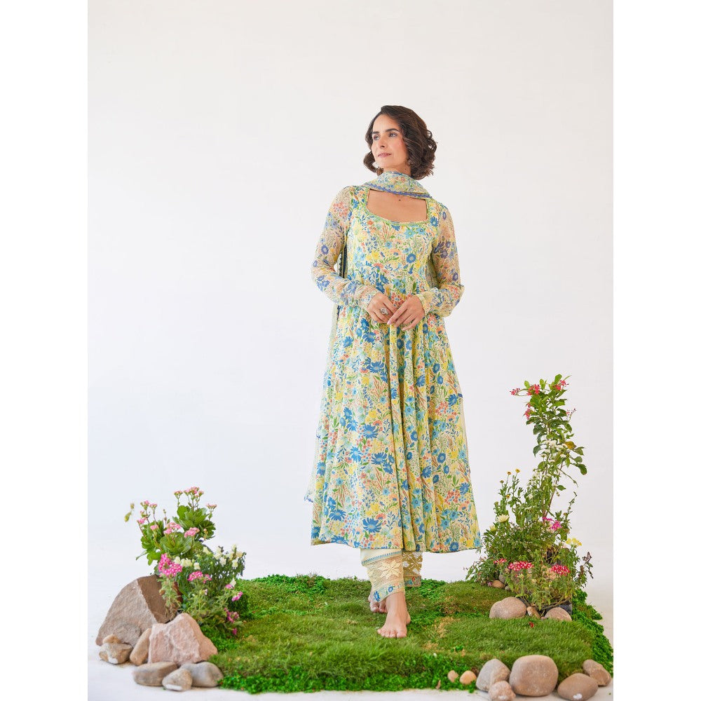 Baise Gaba Yellow Floral Printed Gloria Anarkali Kurta with Pant & Dupatta (Set of 3)