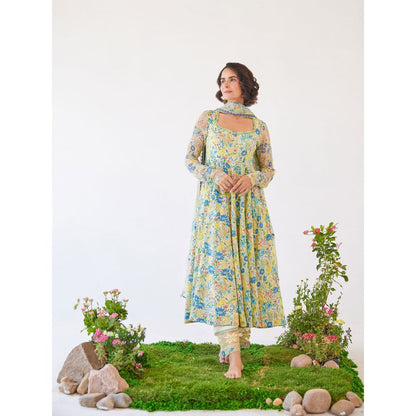 Baise Gaba Yellow Floral Printed Gloria Anarkali Kurta with Pant & Dupatta (Set of 3)