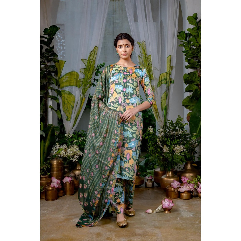 Baise Gaba Lakshmi Green Kurta with Pant and Dupatta (Set of 3)