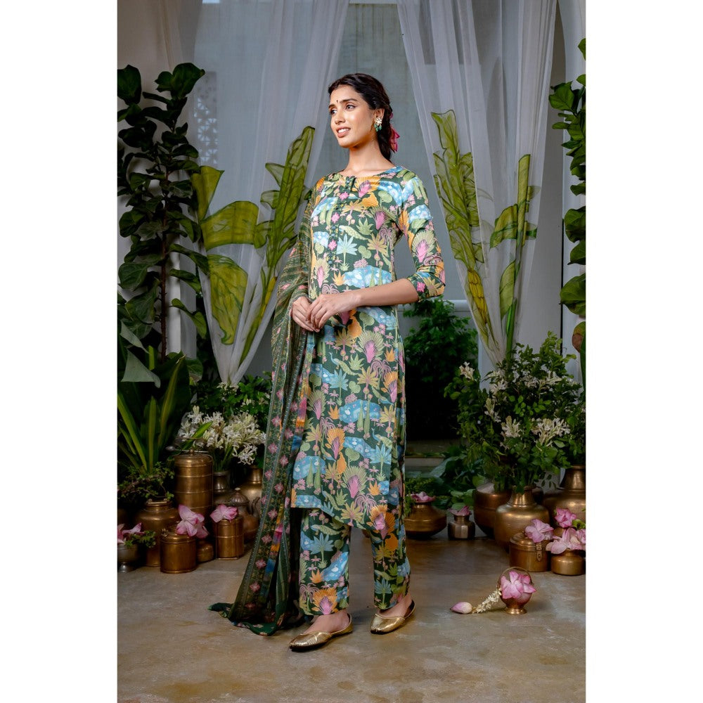 Baise Gaba Lakshmi Green Kurta with Pant and Dupatta (Set of 3)