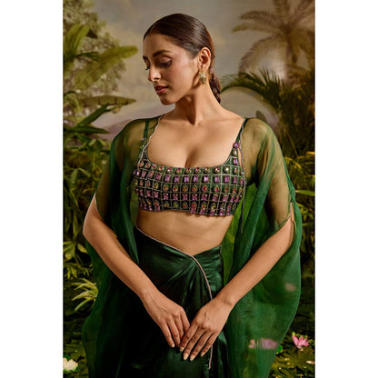 Baise Gaba Green Satin Embellished/Sequined Square Neck Sleeveless Blouse
