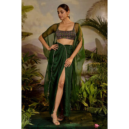Baise Gaba Green Satin Embellished/Sequined Square Neck Sleeveless Blouse