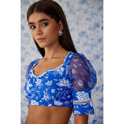 Baise Gaba Blue Organza Floral Round Neck Puff Sleeves Blouse