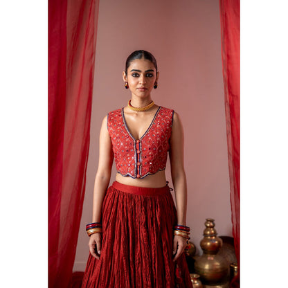 Baise Gaba Red Muslin Embroidered V-Neck Sleeveless Blouse