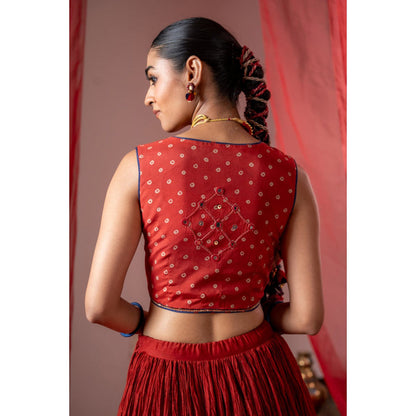 Baise Gaba Red Muslin Embroidered V-Neck Sleeveless Blouse