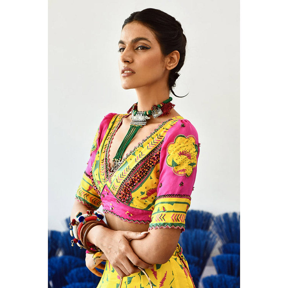 Baise Gaba Multi-Color Satin Floral V-Neck Half Sleeves Blouse