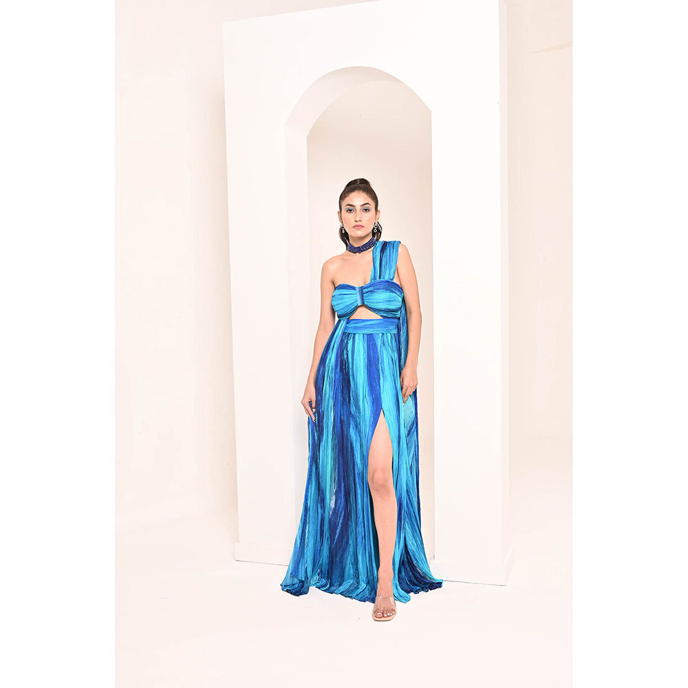 Bani Khurana Blue Printed Drape Maxi Dress