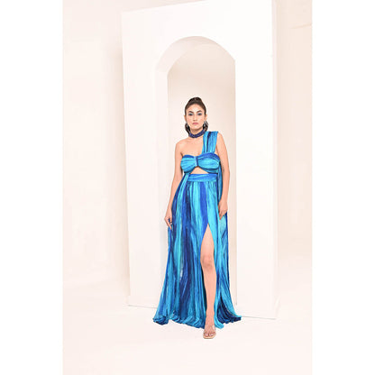Bani Khurana Blue Printed Drape Maxi Dress