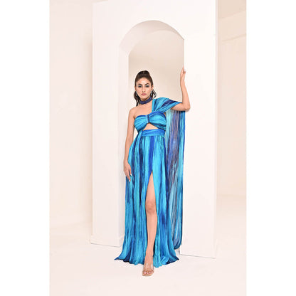 Bani Khurana Blue Printed Drape Maxi Dress