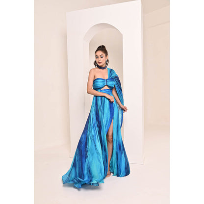 Bani Khurana Blue Printed Drape Maxi Dress