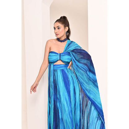 Bani Khurana Blue Printed Drape Maxi Dress