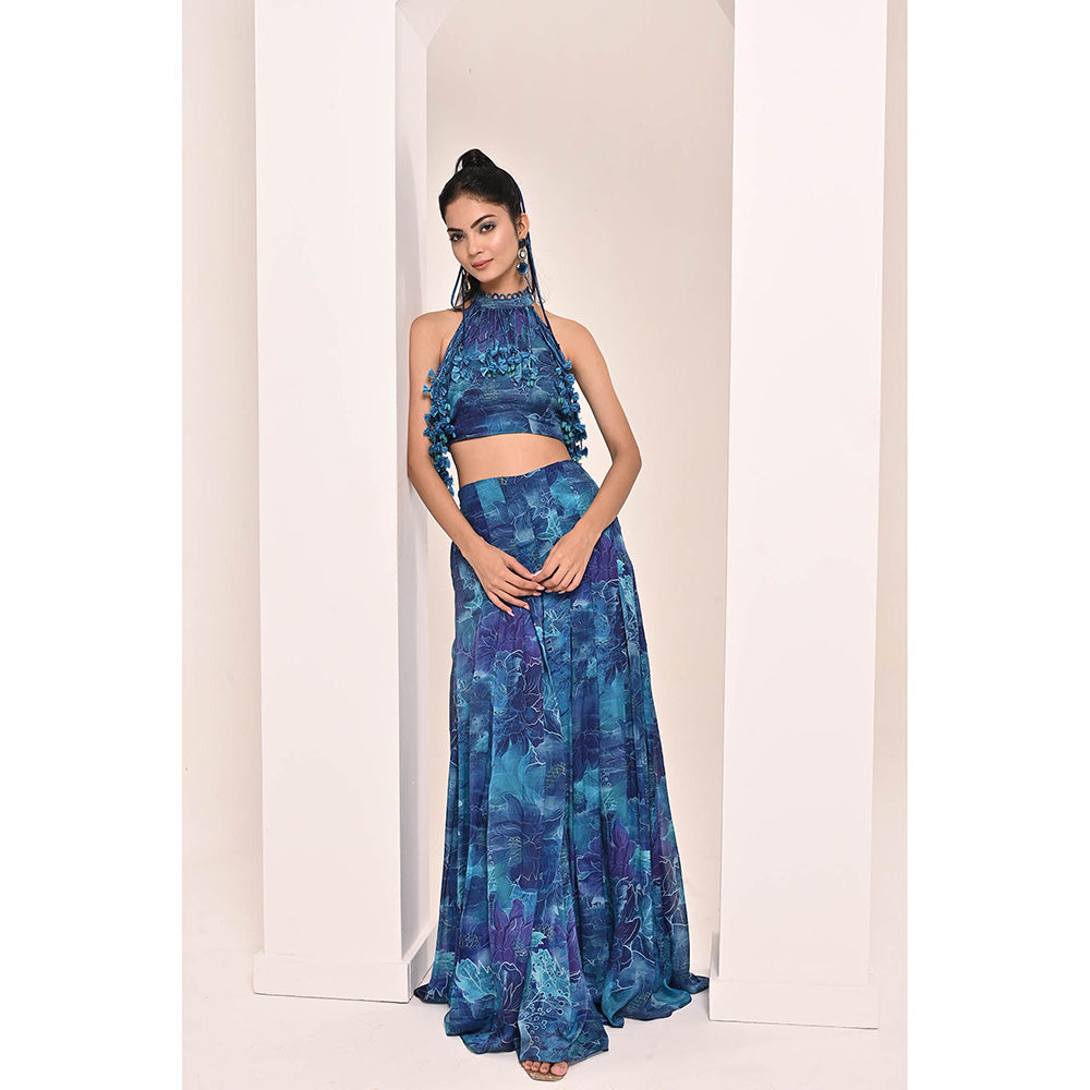 Bani Khurana Blue Floral Print Top with Palazzo (Set of 2)