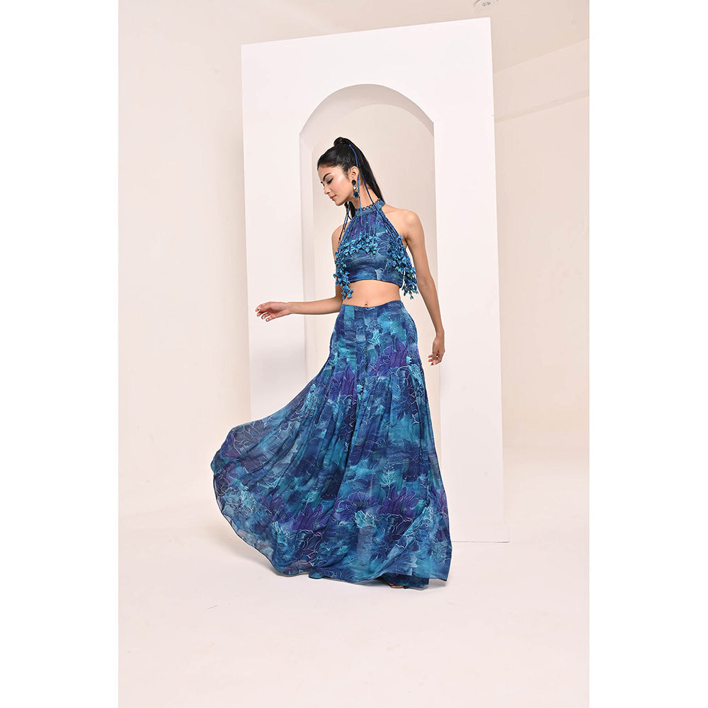 Bani Khurana Blue Floral Print Top with Palazzo (Set of 2)