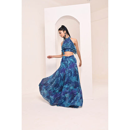 Bani Khurana Blue Floral Print Top with Palazzo (Set of 2)