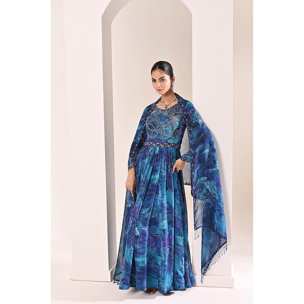 Bani Khurana Blue Floral Print Embellished Anarkali Kurta with Pyjama and Dupatta (Set of 3)