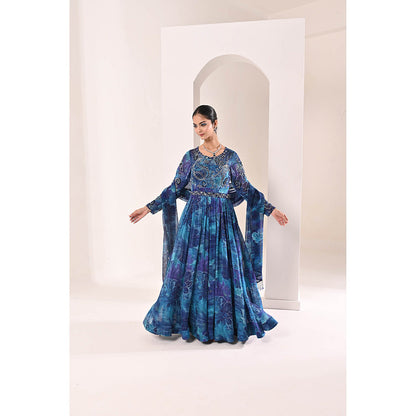 Bani Khurana Blue Floral Print Embellished Anarkali Kurta with Pyjama and Dupatta (Set of 3)