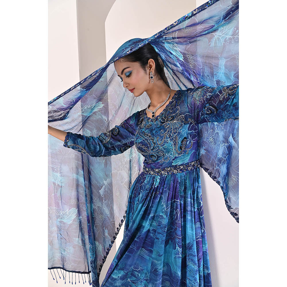 Bani Khurana Blue Floral Print Embellished Anarkali Kurta with Pyjama and Dupatta (Set of 3)