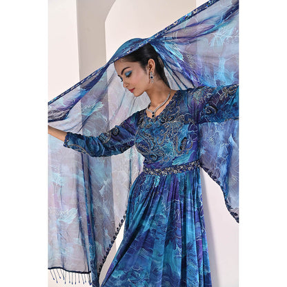 Bani Khurana Blue Floral Print Embellished Anarkali Kurta with Pyjama and Dupatta (Set of 3)