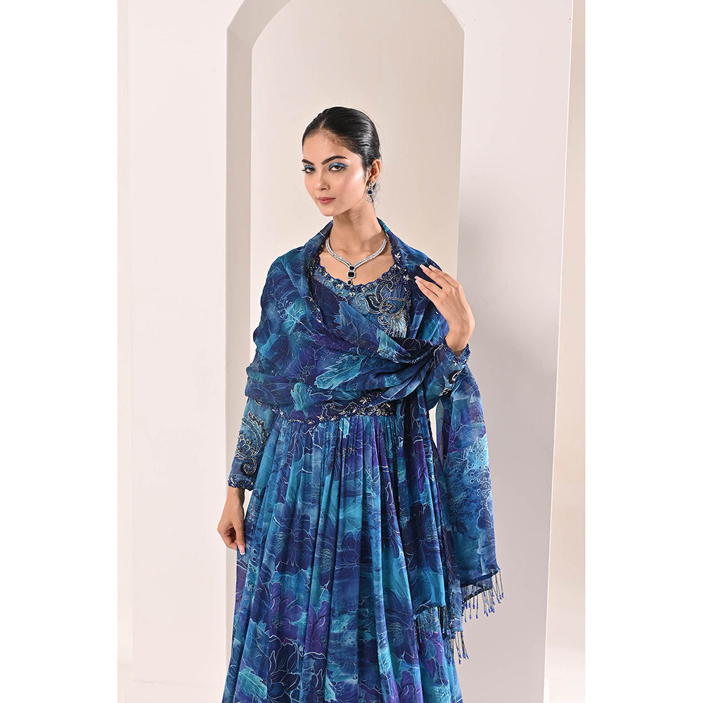 Bani Khurana Blue Floral Print Embellished Anarkali Kurta with Pyjama and Dupatta (Set of 3)