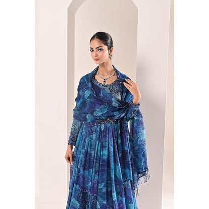 Bani Khurana Blue Floral Print Embellished Anarkali Kurta with Pyjama and Dupatta (Set of 3)