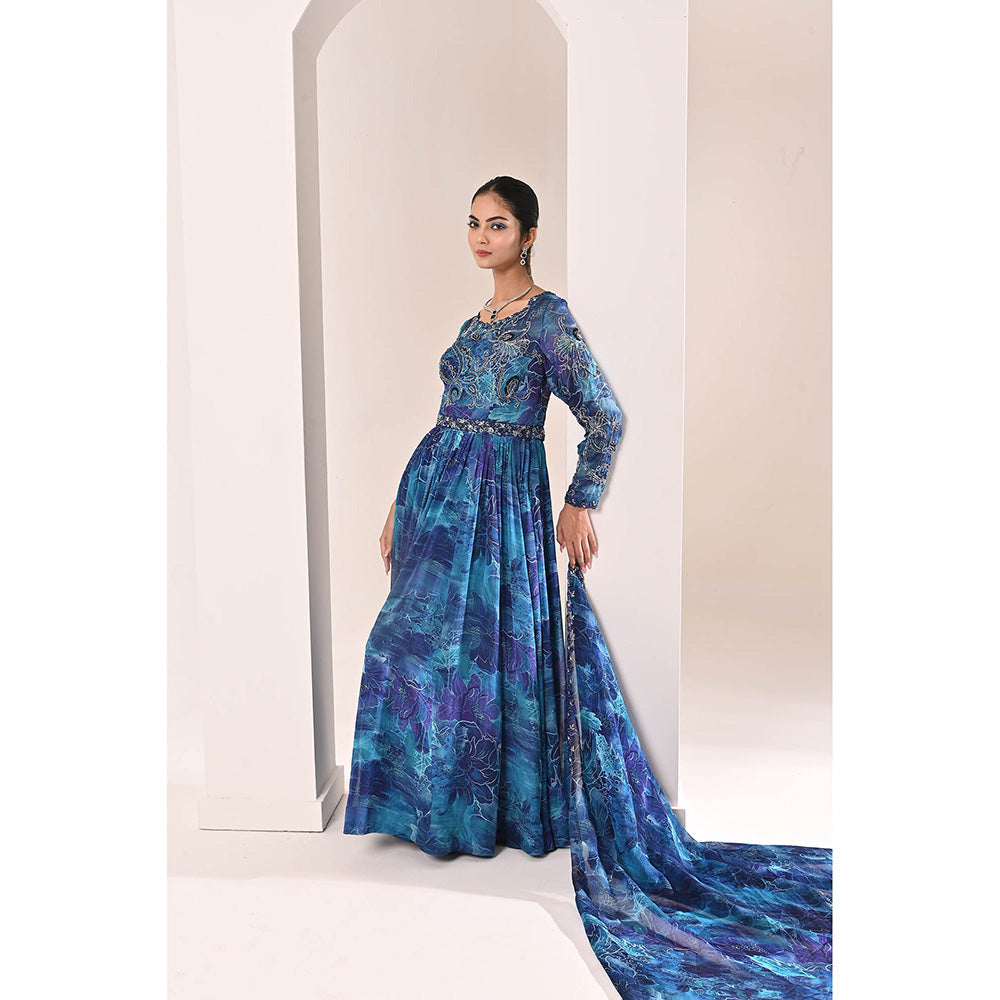 Bani Khurana Blue Floral Print Embellished Anarkali Kurta with Pyjama and Dupatta (Set of 3)
