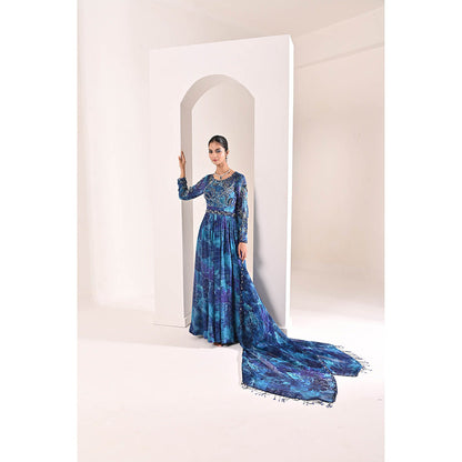 Bani Khurana Blue Floral Print Embellished Anarkali Kurta with Pyjama and Dupatta (Set of 3)