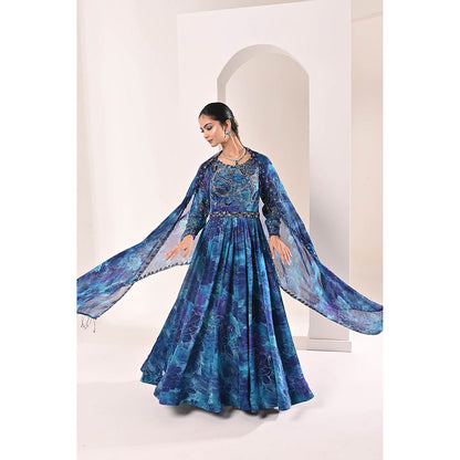 Bani Khurana Blue Floral Print Embellished Anarkali Kurta with Pyjama and Dupatta (Set of 3)