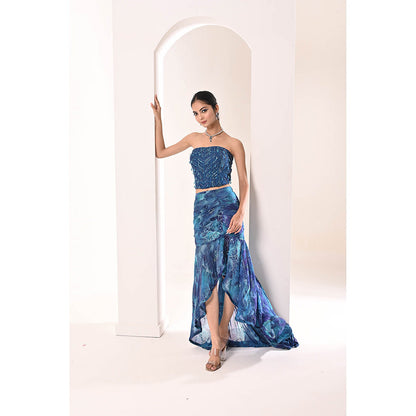 Bani Khurana Blue Printed Embellished Drape Skirt with Top (Set of 2)
