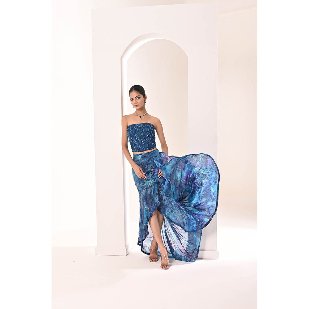 Bani Khurana Blue Printed Embellished Drape Skirt with Top (Set of 2)