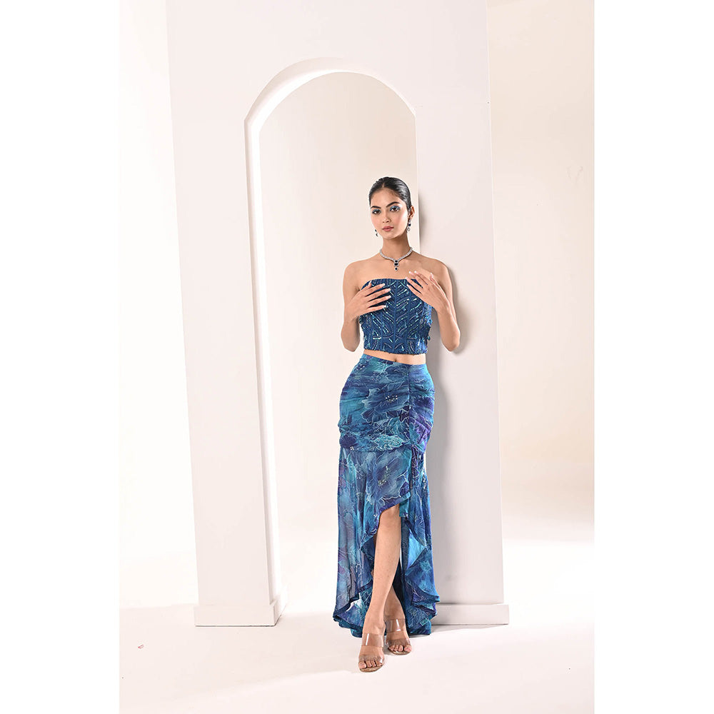 Bani Khurana Blue Printed Embellished Drape Skirt with Top (Set of 2)