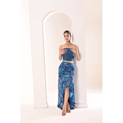 Bani Khurana Blue Printed Embellished Drape Skirt with Top (Set of 2)