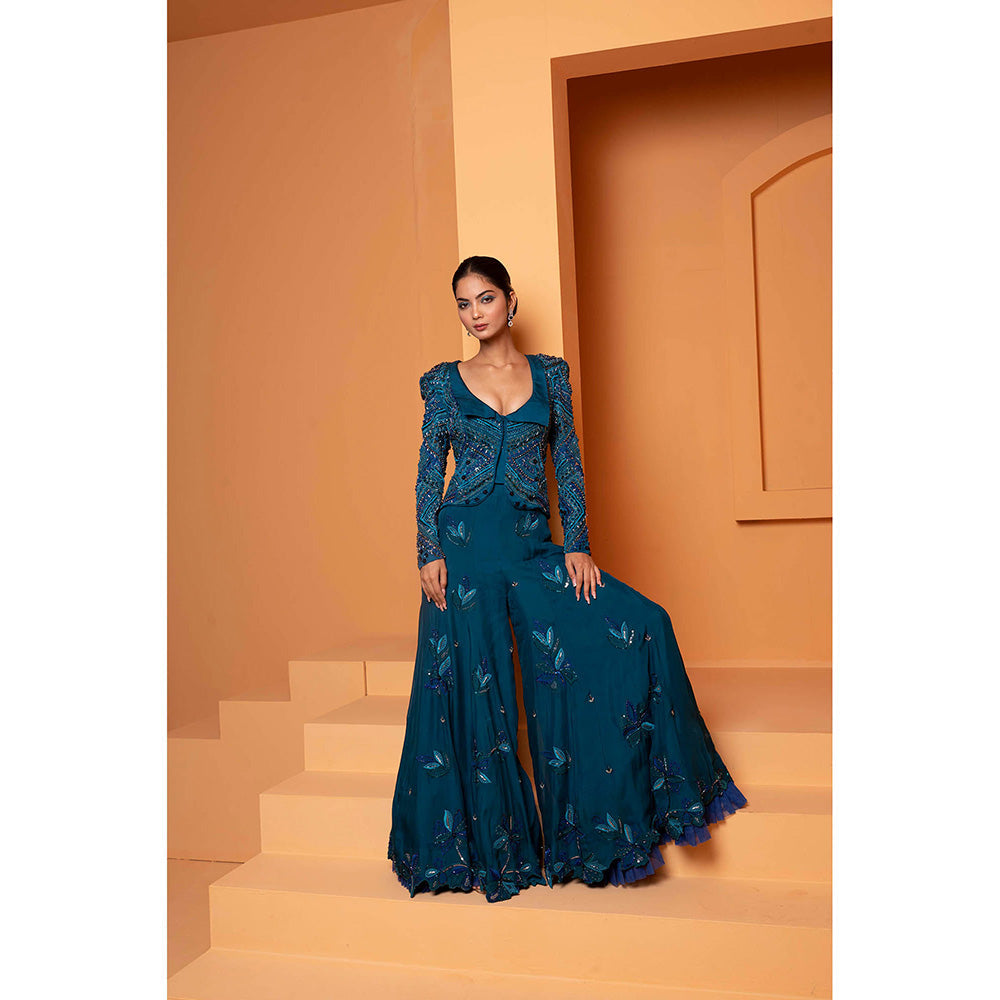 Bani Khurana Teal Embellished Jacket with Sharara (Set of 2)