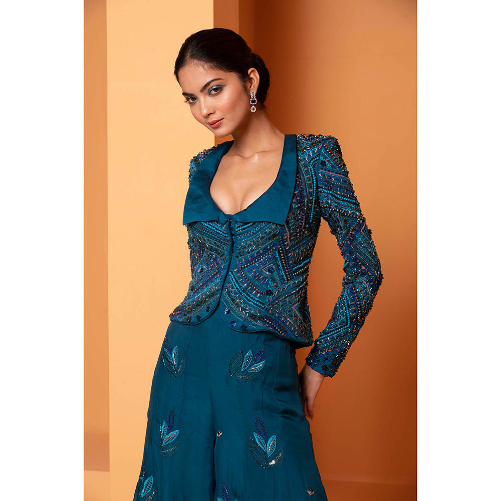 Bani Khurana Teal Embellished Jacket with Sharara (Set of 2)
