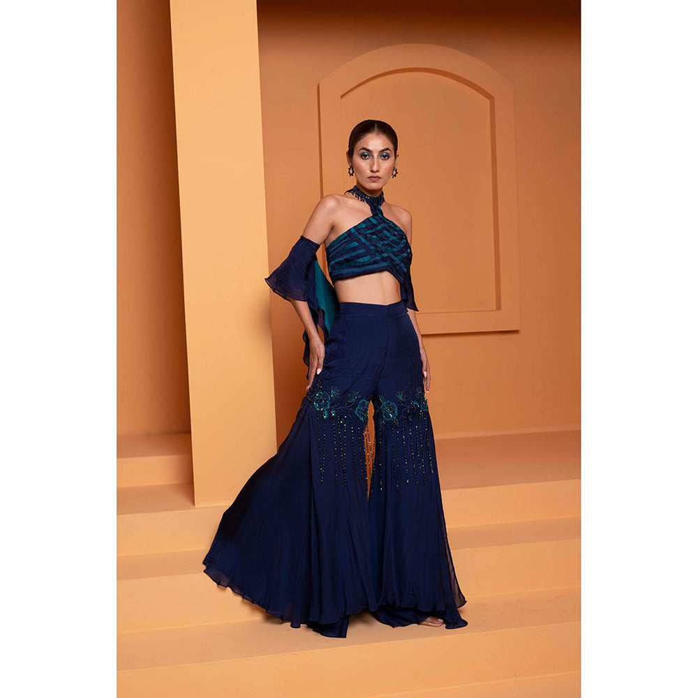 Bani Khurana Navy Blue Embellished Cris-Cros Top and Sharara with Dupatta (Set of 3)