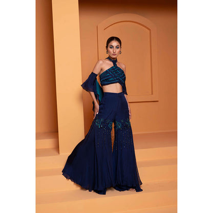 Bani Khurana Navy Blue Embellished Cris-Cros Top and Sharara with Dupatta (Set of 3)