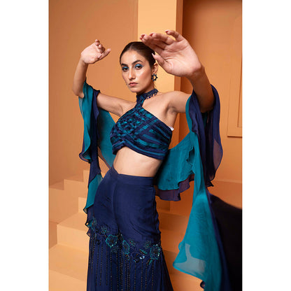 Bani Khurana Navy Blue Embellished Cris-Cros Top and Sharara with Dupatta (Set of 3)