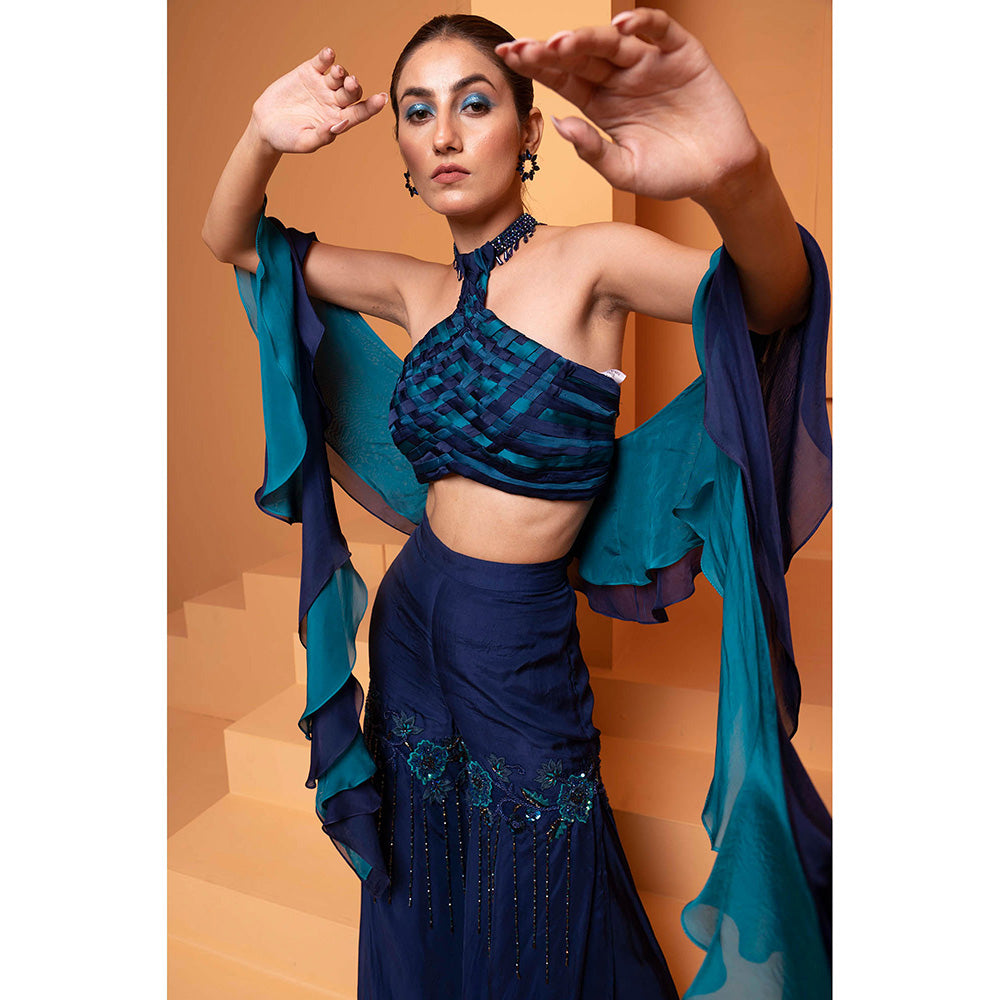 Bani Khurana Navy Blue Embellished Cris-Cros Top and Sharara with Dupatta (Set of 3)
