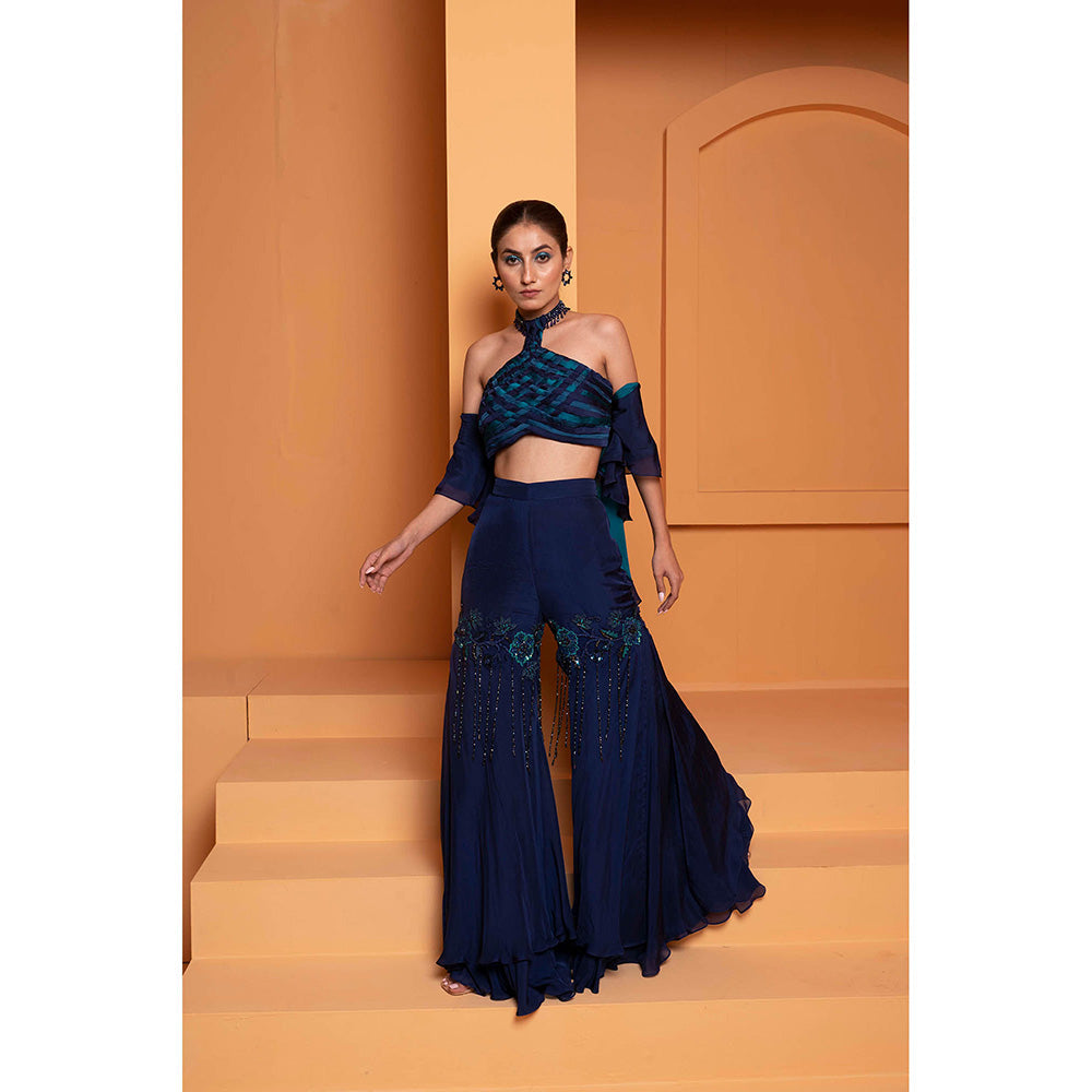 Bani Khurana Navy Blue Embellished Cris-Cros Top and Sharara with Dupatta (Set of 3)