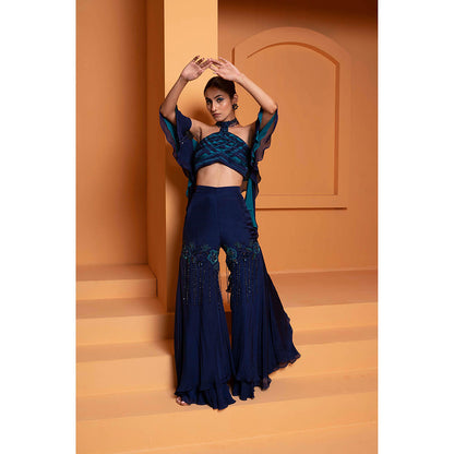 Bani Khurana Navy Blue Embellished Cris-Cros Top and Sharara with Dupatta (Set of 3)