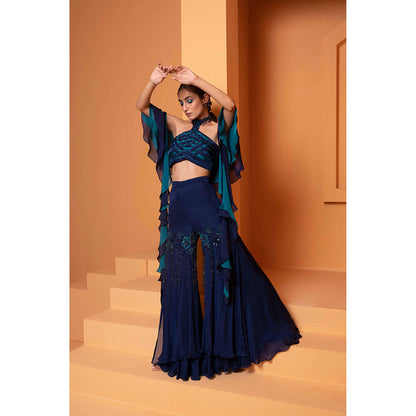 Bani Khurana Navy Blue Embellished Cris-Cros Top and Sharara with Dupatta (Set of 3)