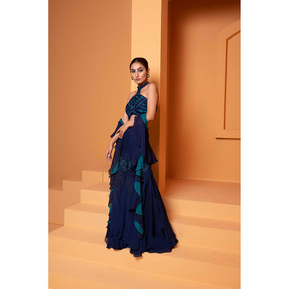 Bani Khurana Navy Blue Embellished Cris-Cros Top and Sharara with Dupatta (Set of 3)