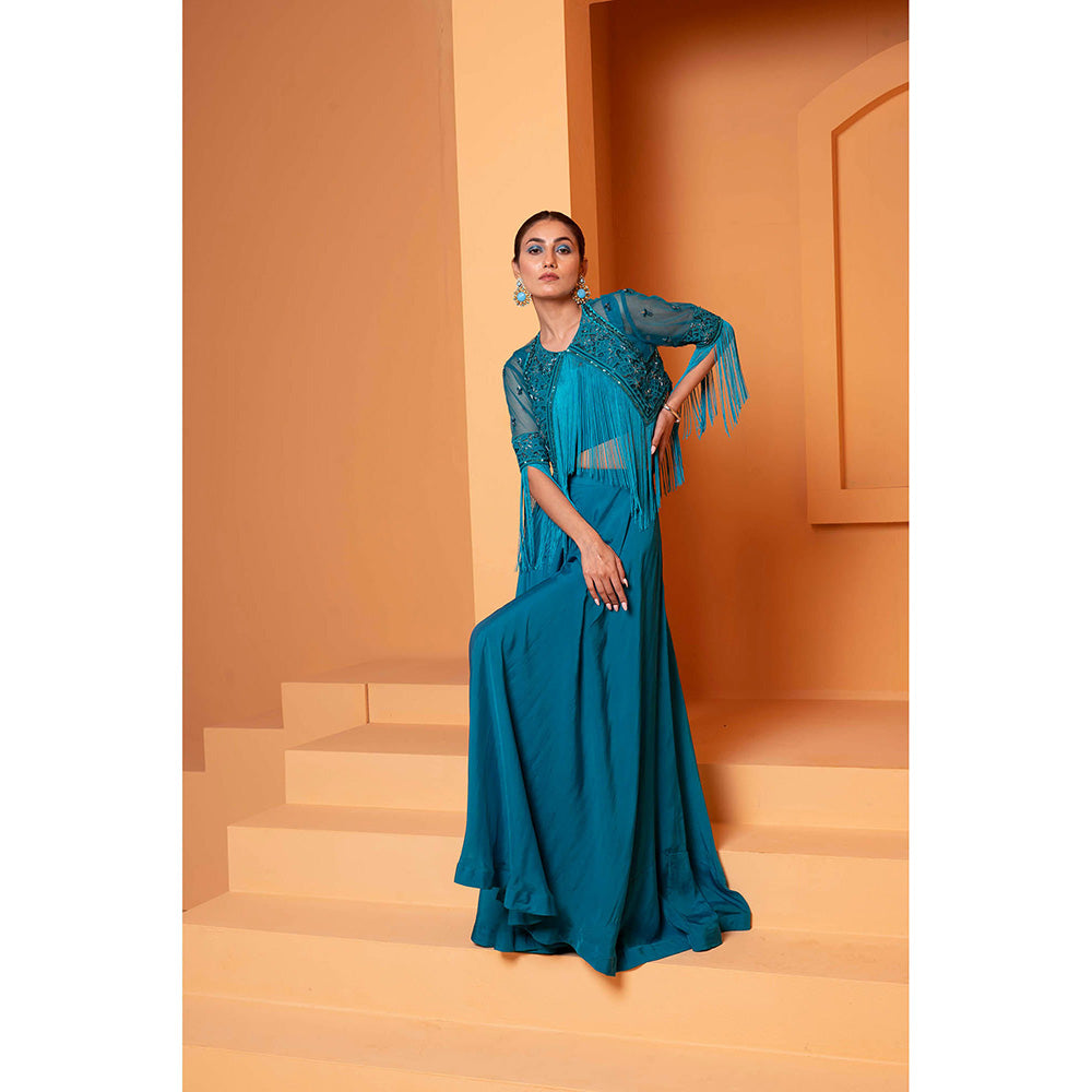 Bani Khurana Turquoise Embellished Jacket and Bustier with Sharara (Set of 3)