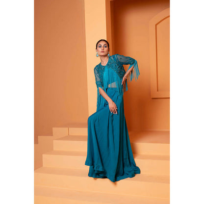 Bani Khurana Turquoise Embellished Jacket and Bustier with Sharara (Set of 3)